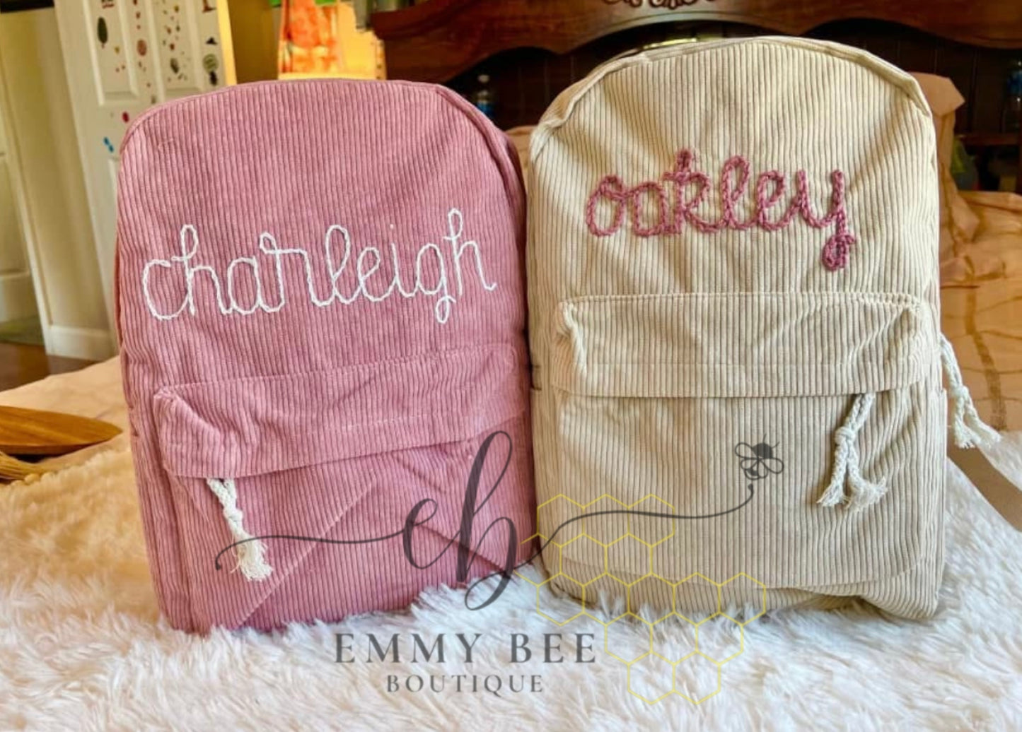 Personalized Hand Embroidered Corduroy Backpack